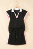 Sky Blue Preppy Striped Trim V Neck Polo Tee Drawstring Skirt Set