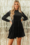 Evergreen Velvet High Neck Tiered Ruffle Mini Dress