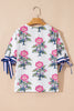 White Floral Colorblock Stripe Knot Bubble Sleeve V Neck Blouse