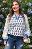 White Plus Size Boho Floral Print Contrast Trim Split Neck Puff Sleeve Patchwork Blouse