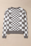 Khaki Checkered Print Drop Shoulder Round Neck Sweater