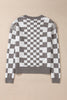 Khaki Checkered Print Drop Shoulder Round Neck Sweater