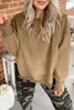 Dark Khaki Fuzzy Sherpa Splicing Pullover Sweatshirt with Side Slit