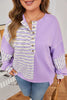 Purple Stripe Patchwork Buttoned Drop Shoulder Plus Size Pullover