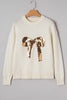 White Sequined Bow Graphic Christmas Holiday Sweater