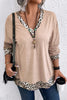 Parchment Leopard Patchwork V Neck Long Sleeve Plus Size Top