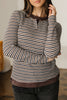 Brown Faux Two Piece Textured Striped Round Neck Long Sleeve T Shirt