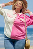Bonbon Color Block Chest Pockets Half Button Plus Size Sweatshirt
