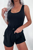 Black Plain Sleeveless Loop Drawstring Cinched Waist Romper