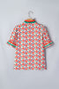 Red Floral Print Striped Detail V Neck Ruffled Short Sleeve Blouse