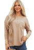 Dark Khaki Color Block Waffle Textured Tunic Henley Top with Slits