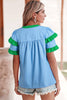 Mist Blue Contrast Notched Neck Frilly Detail Short Sleeve Blouse
