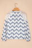 Blue Lace Patchwork Floral Bubble Sleeve V Split Neck Blouse