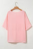 Pink Textured Half Sleeve V Neck Plus Size T Shirt with Chest Pocket