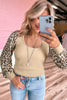 Apricot Leopard Sleeve Patchwork Ribbed Knit U Neck Top