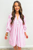 Rose Stripe Bracelet Sleeve Buttons Loose Mini Dress