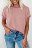 Rose Red Textured Contrast Trim Round Neck T Shirt