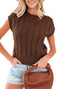Dark Brown Cable Texture Crew Neck Short Sleeve Sweater Top
