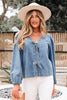 Dusk Blue Tied Front Long Puff Sleeve Denim Top