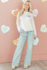 White Plaid Heart Embroidered Cuffed Drop Shoulder Crew Neck Sweater