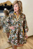 Brown Floral Print Contrast Trim V Neck Pocketed Long Sleeve Mini Dress