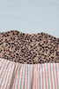 Pink Stripe Leopard Trim V Neck Button Down Half Sleeve Shirt