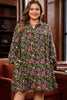 Green Plus Size Floral Print Collared V Neck Loose Mini Dress