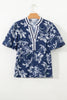 Blue Floral Print Short Puff Sleeve Striped Trim V Neck Blouse