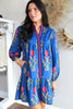 Sky Blue Floral Print Contrast Striped Trim Notched Neck Long Sleeve Dress