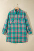 Green Plaid Button-Up Shift Long Sleeve V Neck Plus Size Dress