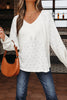White Twisted Rib Patchwork Embroidered Loose V Neck Long Sleeve Top