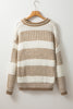 Brown Stripe Drop Shoulder Round Neck Loose Sweater