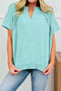 Mint Green Raw Cut Notched Neck Lace Patchwork Detail Mineral Wash Tee