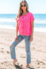 Bright Pink Distressed Hem Short Sleeve Knitted Button Front Sweater