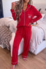 Racing Red Bow Pocket Detail Long Sleeve Shirt 2pcs Pajama Set