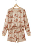 Beige Western Print Loose Fit Long Sleeve Top Short Set