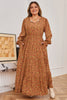 Brown Plus Size Floral Split V Neck Ruffled Sleeve Tiered Maxi Dress