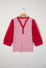 Red Stripe Half Placket V Neck Contrast 3/4 Sleeve Patchwork Top
