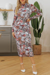 Brown Floral Allover Print Mock Neck Bodycon Long Sleeve Midi Dress