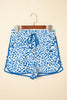 Blue Leopard Elastic Waist Lace up Contrast Trim Casual Shorts