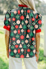 Green Christmas Fashion Print Contrast Trim Frilled Neck Short Sleeve Blouse