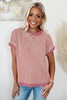 Rose Red Textured Contrast Trim Round Neck T Shirt