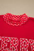 Tomato Red Polka Dot Letter Print Contrast Trim Mock Neck Sweatshirt