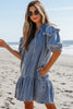 Dusk Blue Ruffled Collared Side Pockets Puff Sleeve Denim Mini Dress