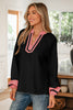 Black Color Block Patchwork Detail V Neck Textured Long Sleeve Blouse