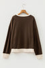 Coffee Raw Edge Flower Patch Drop Shoulder Casual Top