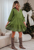 Jungle Green Contrast Stitched V Neck 3/4 Sleeve Tiered Mini Dress