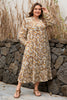 Khaki Abstract Plant Print Loose Plus Size Long Dress