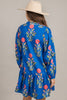 Sky Blue Floral Print Contrast Striped Trim Notched Neck Long Sleeve Dress