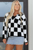 Black Checked Notched Neckline Drop Shoulder Knit Sweater